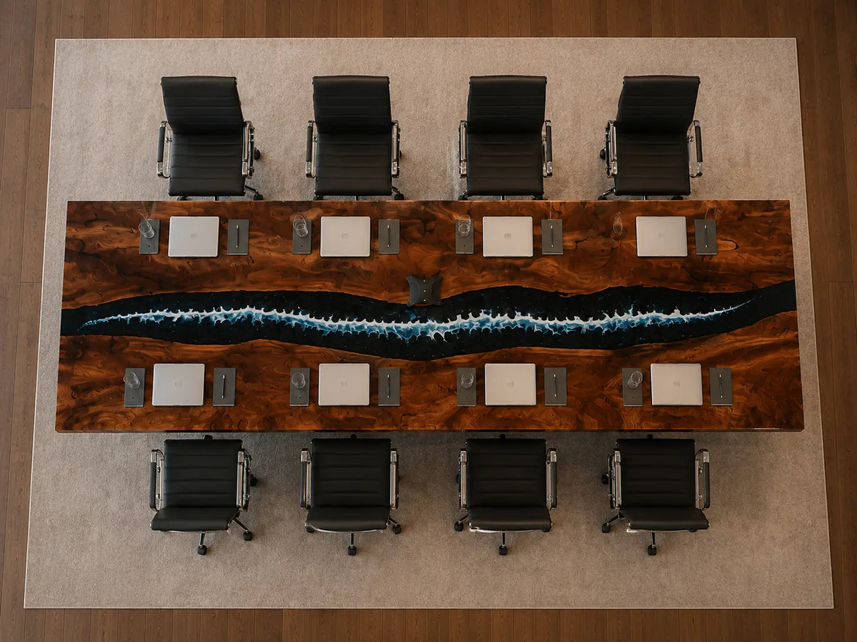 ECTFC03 Twin Current Black with Ocean Blue Wave Epoxy Black Walnut Conference Table featuring handcrafted black walnut and black with ocean blue wave resin-5
