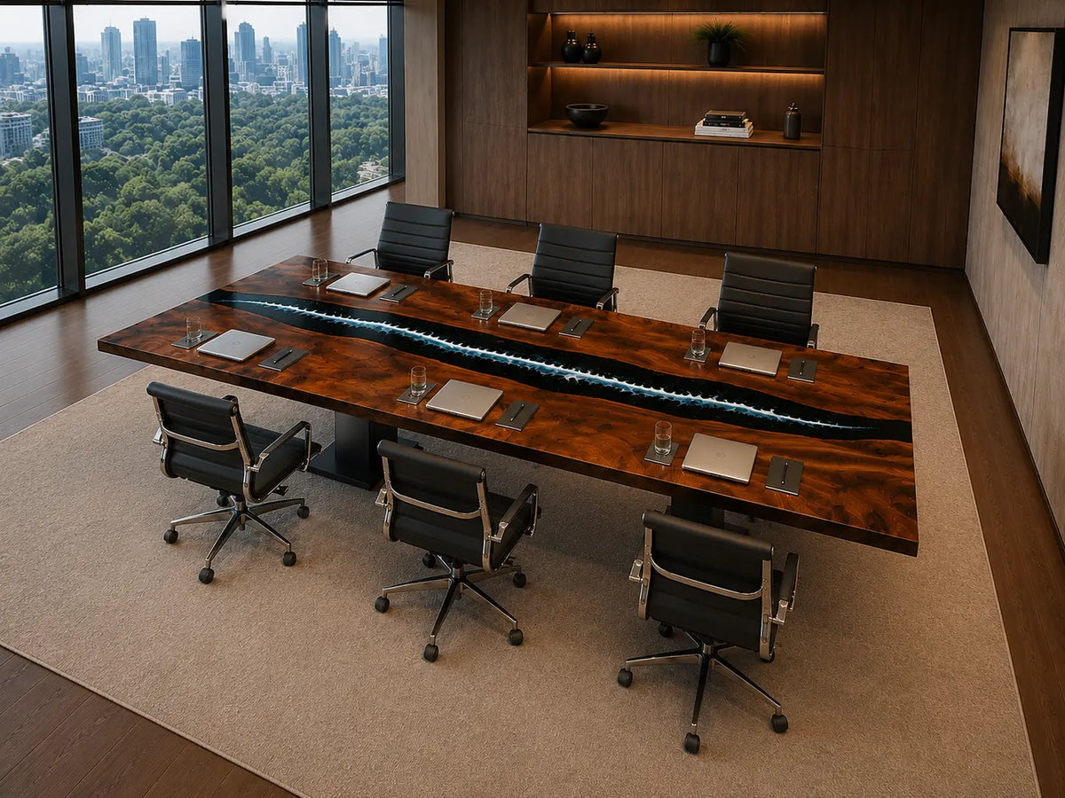 ECTFC03 Twin Current Black with Ocean Blue Wave Epoxy Black Walnut Conference Table featuring handcrafted black walnut and black with ocean blue wave resin-6