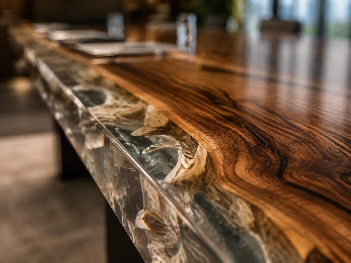 ECTFC04 Grand Assembly Crystal Clear Epoxy Black Walnut Conference Table featuring handcrafted black walnut and crystal clear resin-1