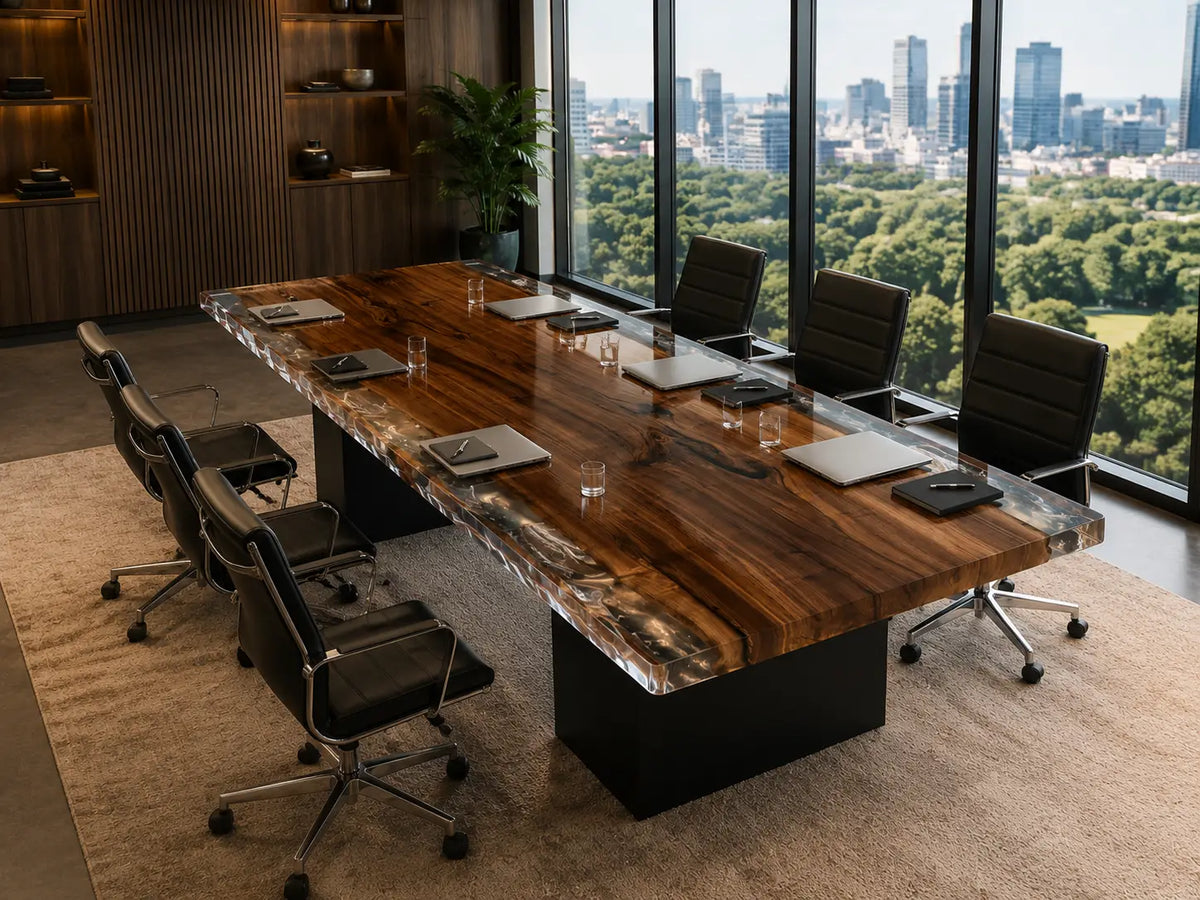 ECTFC04 Grand Assembly Crystal Clear Epoxy Black Walnut Conference Table featuring handcrafted black walnut and crystal clear resin-3