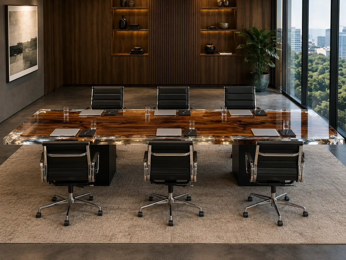 ECTFC04 Grand Assembly Crystal Clear Epoxy Black Walnut Conference Table featuring handcrafted black walnut and crystal clear resin-5