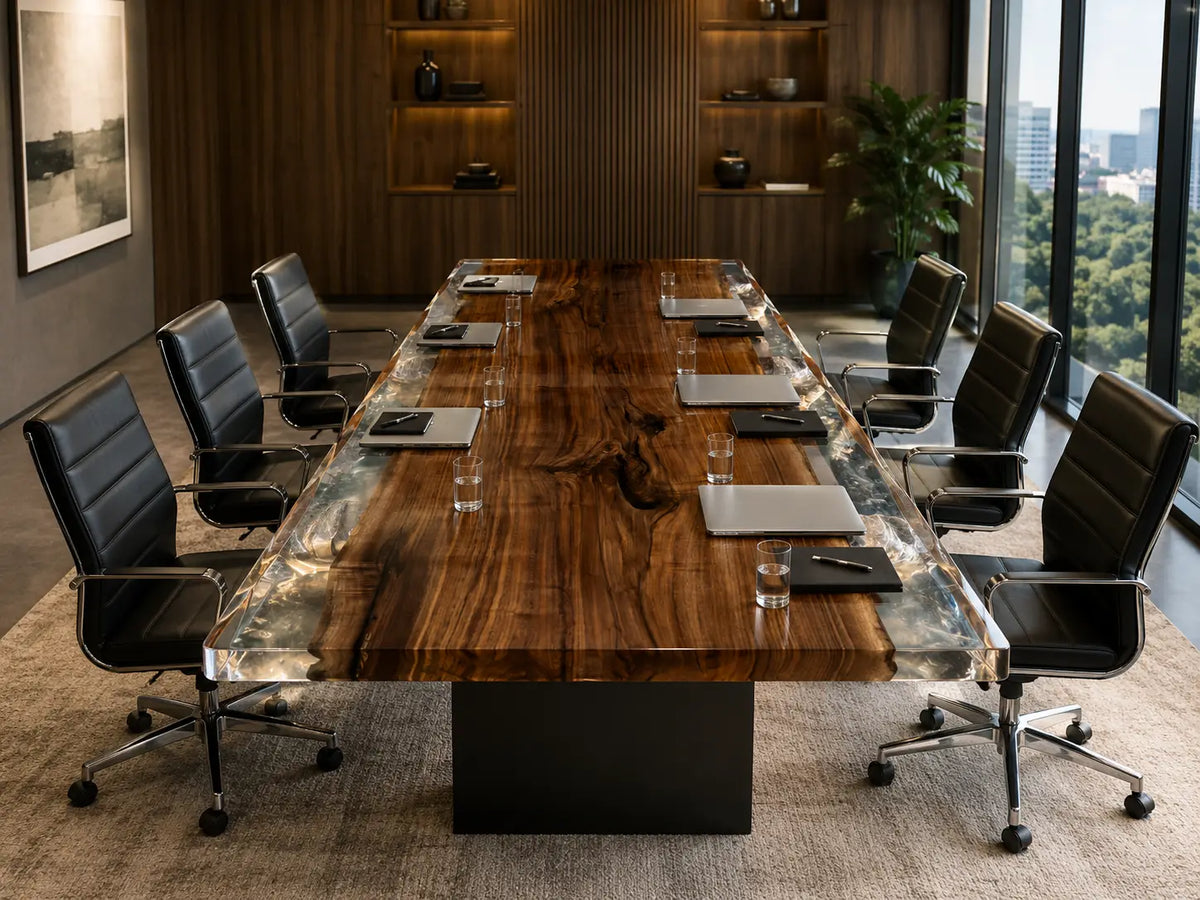 ECTFC04 Grand Assembly Crystal Clear Epoxy Black Walnut Conference Table featuring handcrafted black walnut and crystal clear resin