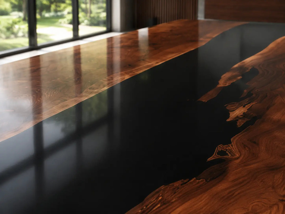 ECTFC05 Central Divide Black Epoxy Black Walnut Conference Table featuring handcrafted black walnut and black resin-1
