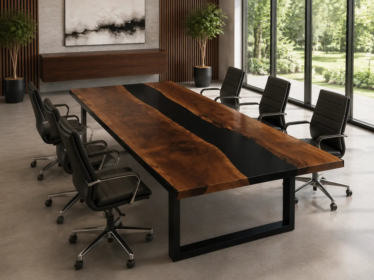 ECTFC05 Central Divide Black Epoxy Black Walnut Conference Table featuring handcrafted black walnut and black resin-3