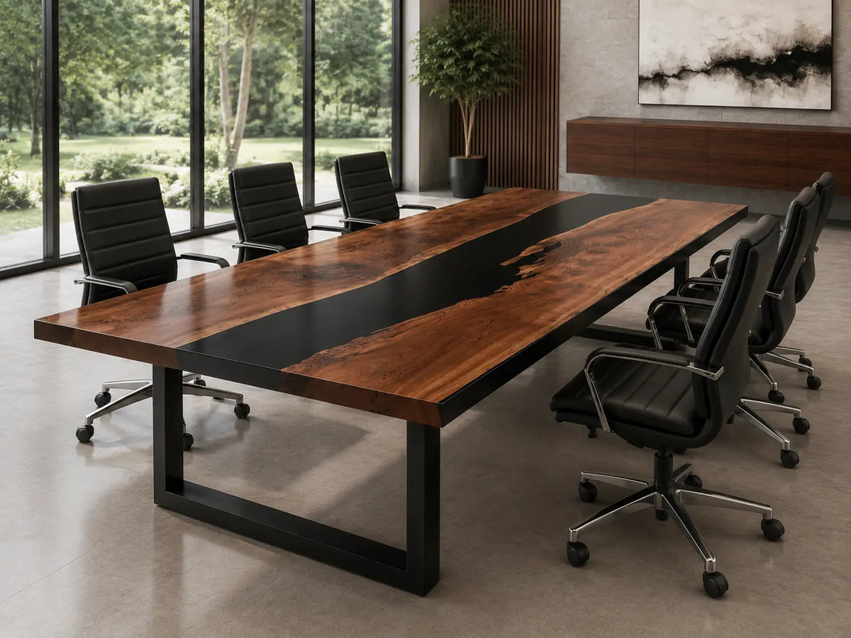 ECTFC05 Central Divide Black Epoxy Black Walnut Conference Table featuring handcrafted black walnut and black resin-4