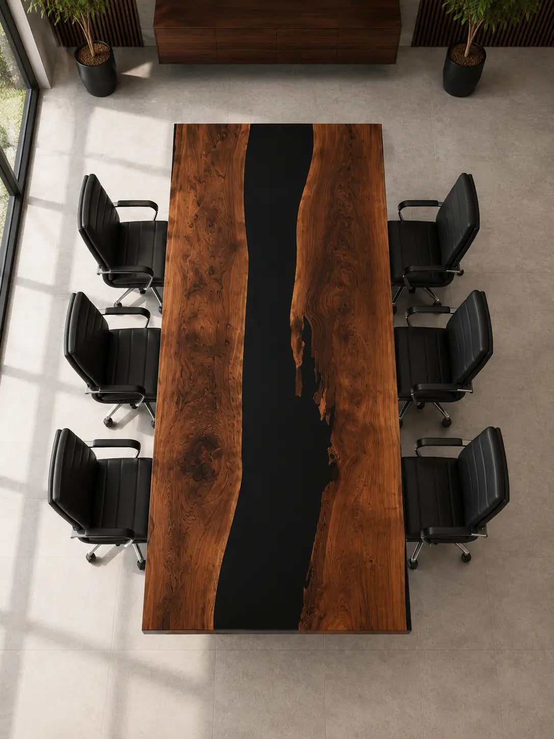 ECTFC05 Central Divide Black Epoxy Black Walnut Conference Table featuring handcrafted black walnut and black resin-5