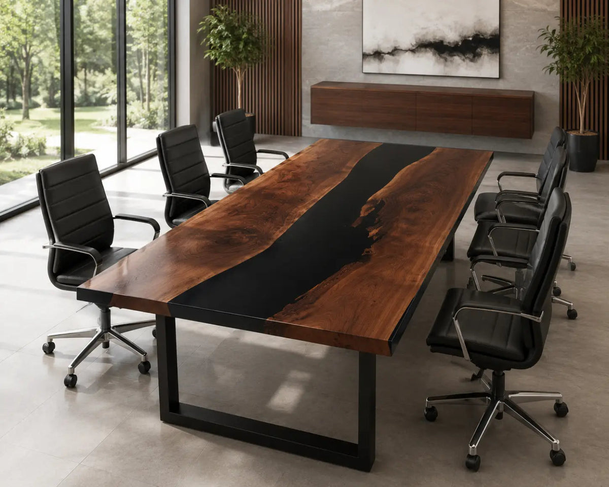 ECTFC05 Central Divide Black Epoxy Black Walnut Conference Table featuring handcrafted black walnut and black resin