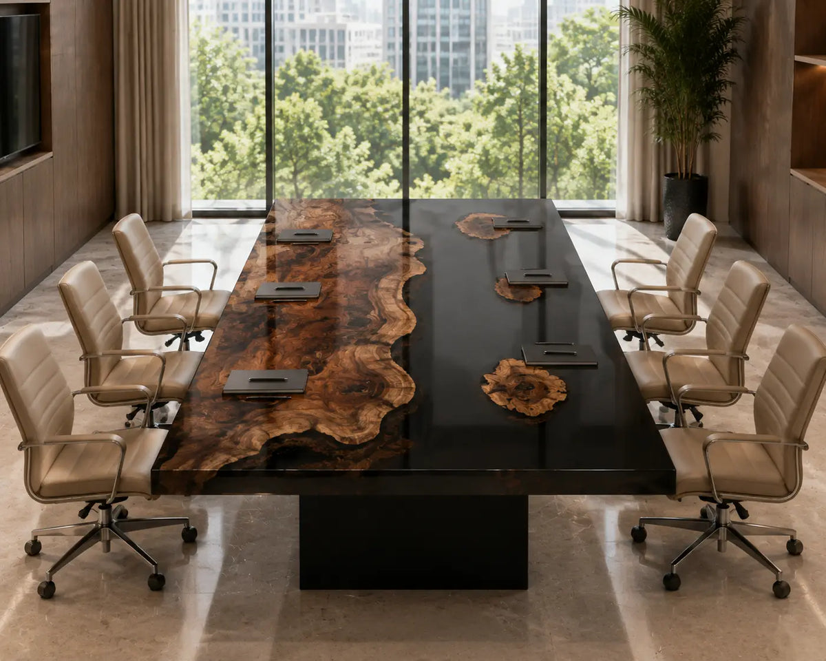 ECTFC06 Timber Council Black Epoxy Black Walnut Conference Table featuring handcrafted black walnut and black resin-3