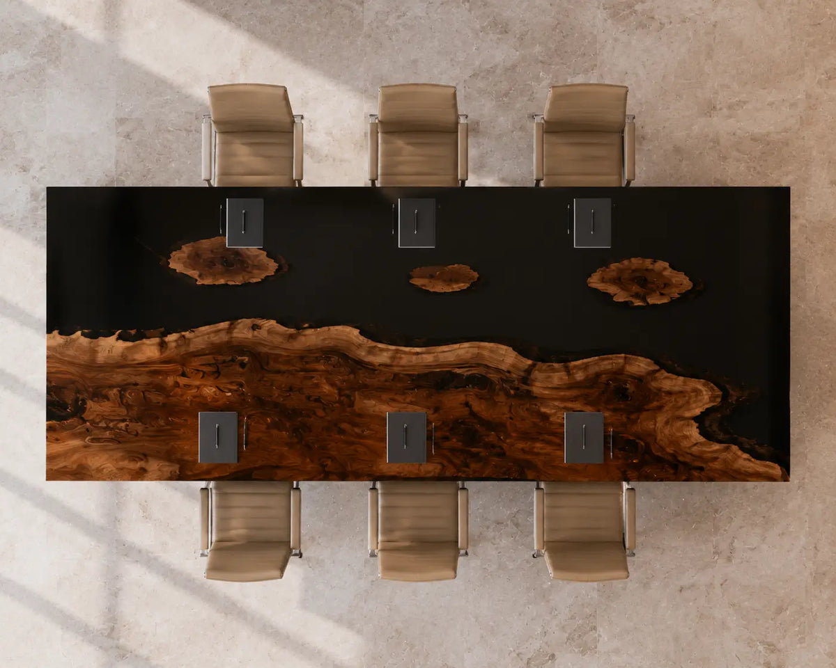 ECTFC06 Timber Council Black Epoxy Black Walnut Conference Table featuring handcrafted black walnut and black resin-4