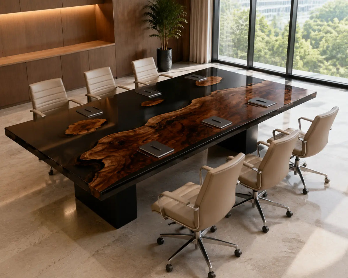 ECTFC06 Timber Council Black Epoxy Black Walnut Conference Table featuring handcrafted black walnut and black resin-5