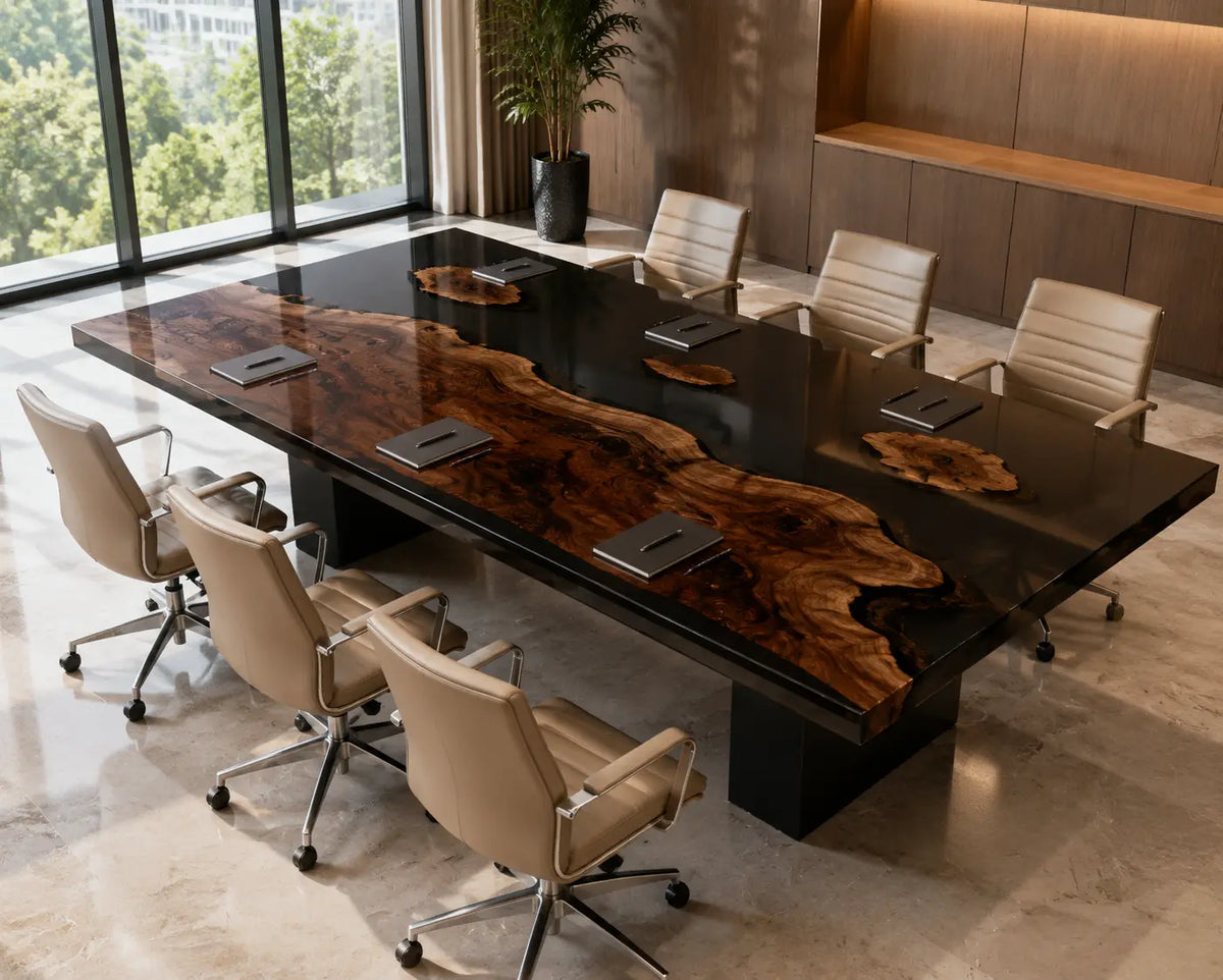 ECTFC06 Timber Council Black Epoxy Black Walnut Conference Table featuring handcrafted black walnut and black resin