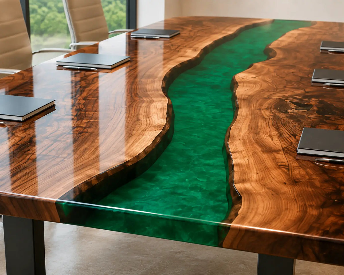 ECTFC07 River Forum Emerald Green Epoxy Black Walnut Conference Table featuring handcrafted black walnut and emerald green resin-1