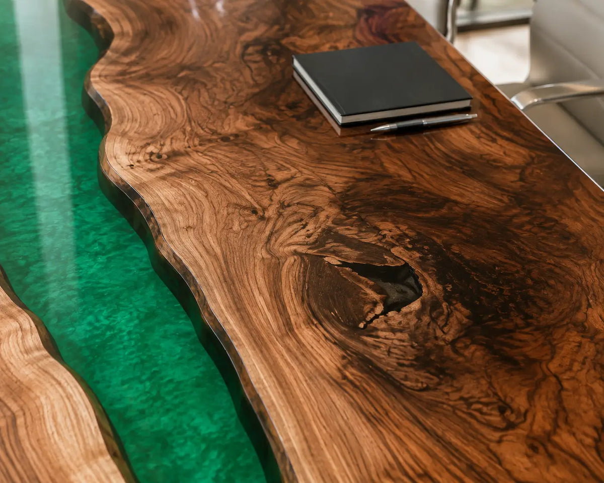 ECTFC07 River Forum Emerald Green Epoxy Black Walnut Conference Table featuring handcrafted black walnut and emerald green resin-2