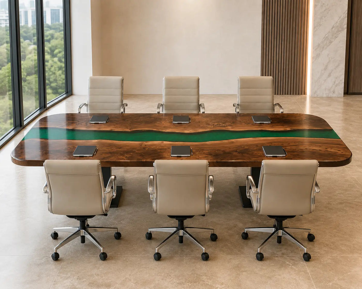 ECTFC07 River Forum Emerald Green Epoxy Black Walnut Conference Table featuring handcrafted black walnut and emerald green resin-3