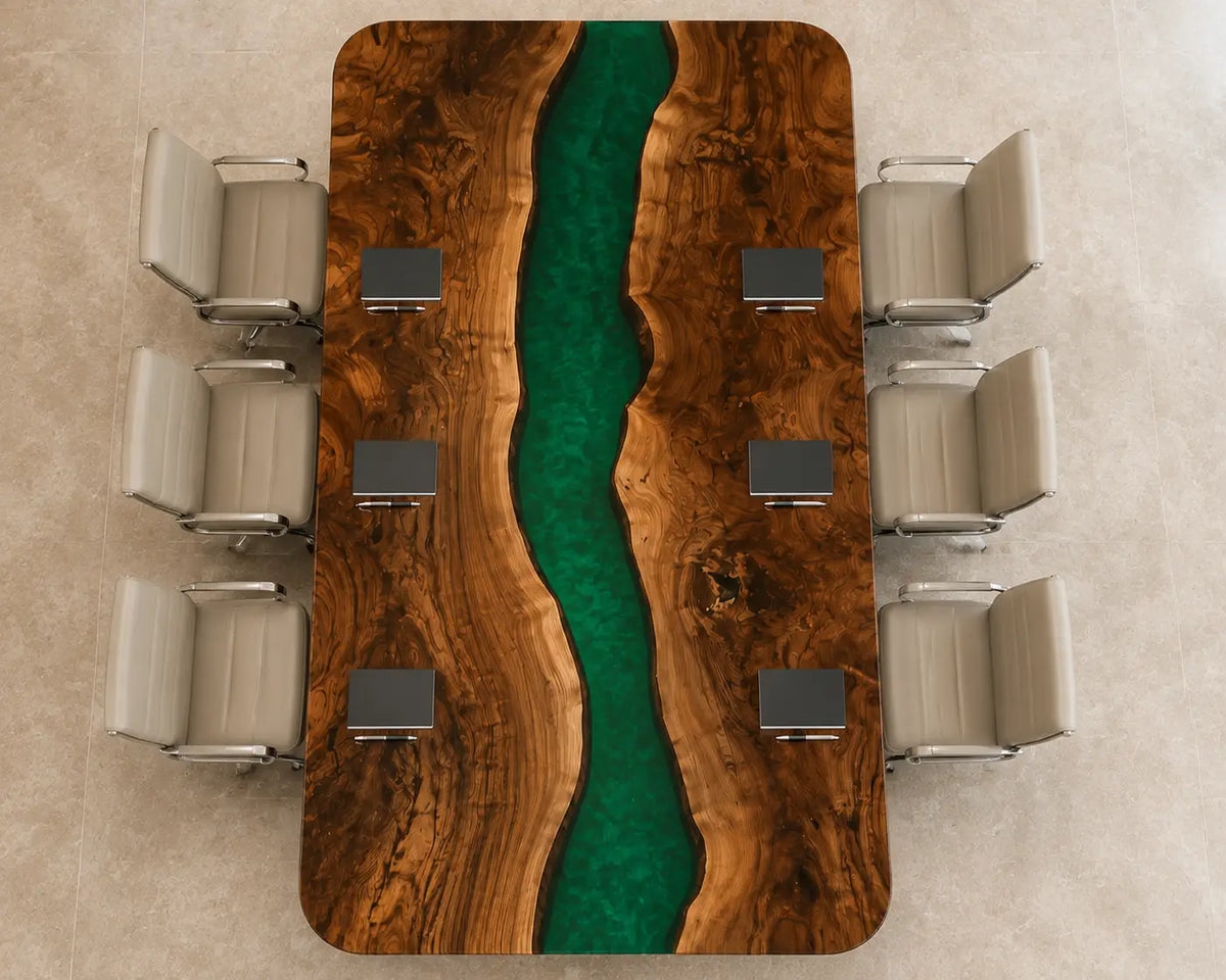 ECTFC07 River Forum Emerald Green Epoxy Black Walnut Conference Table featuring handcrafted black walnut and emerald green resin-4