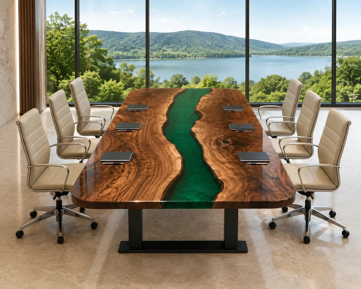 ECTFC07 River Forum Emerald Green Epoxy Black Walnut Conference Table featuring handcrafted black walnut and emerald green resin-5
