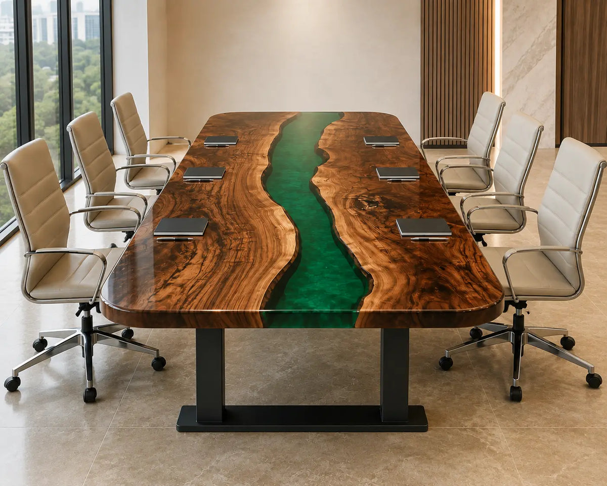 ECTFC07 River Forum Emerald Green Epoxy Black Walnut Conference Table featuring handcrafted black walnut and emerald green resin