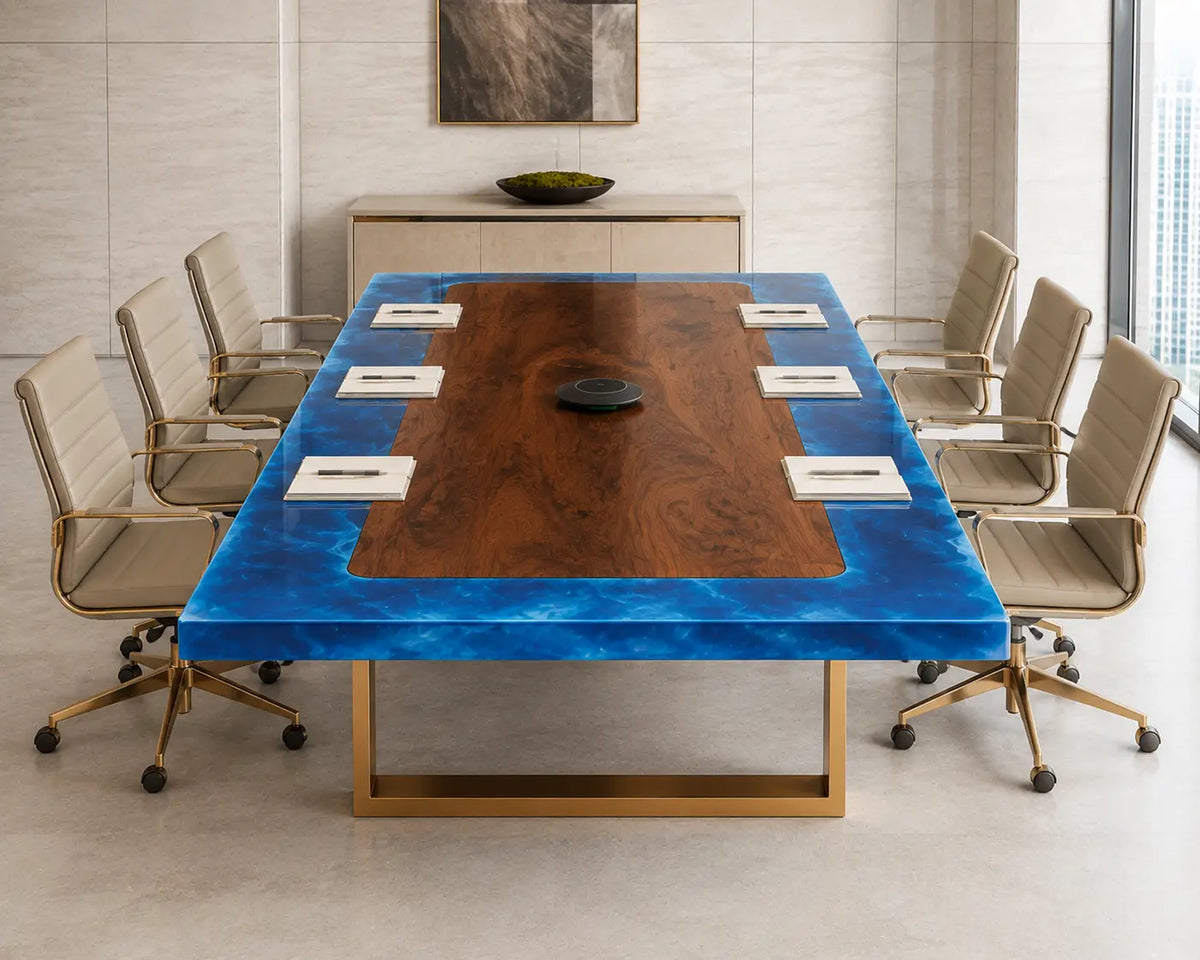 ECTFC08 Edge Summit Ocean Blue Clear Epoxy Black Walnut Conference Table featuring handcrafted black walnut and ocean blue clear resin-3