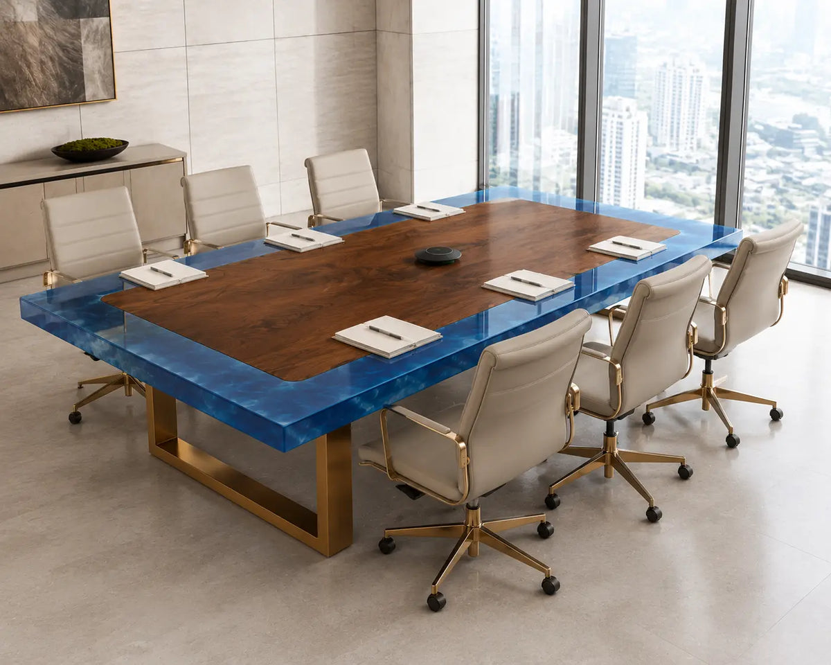 ECTFC08 Edge Summit Ocean Blue Clear Epoxy Black Walnut Conference Table featuring handcrafted black walnut and ocean blue clear resin-4