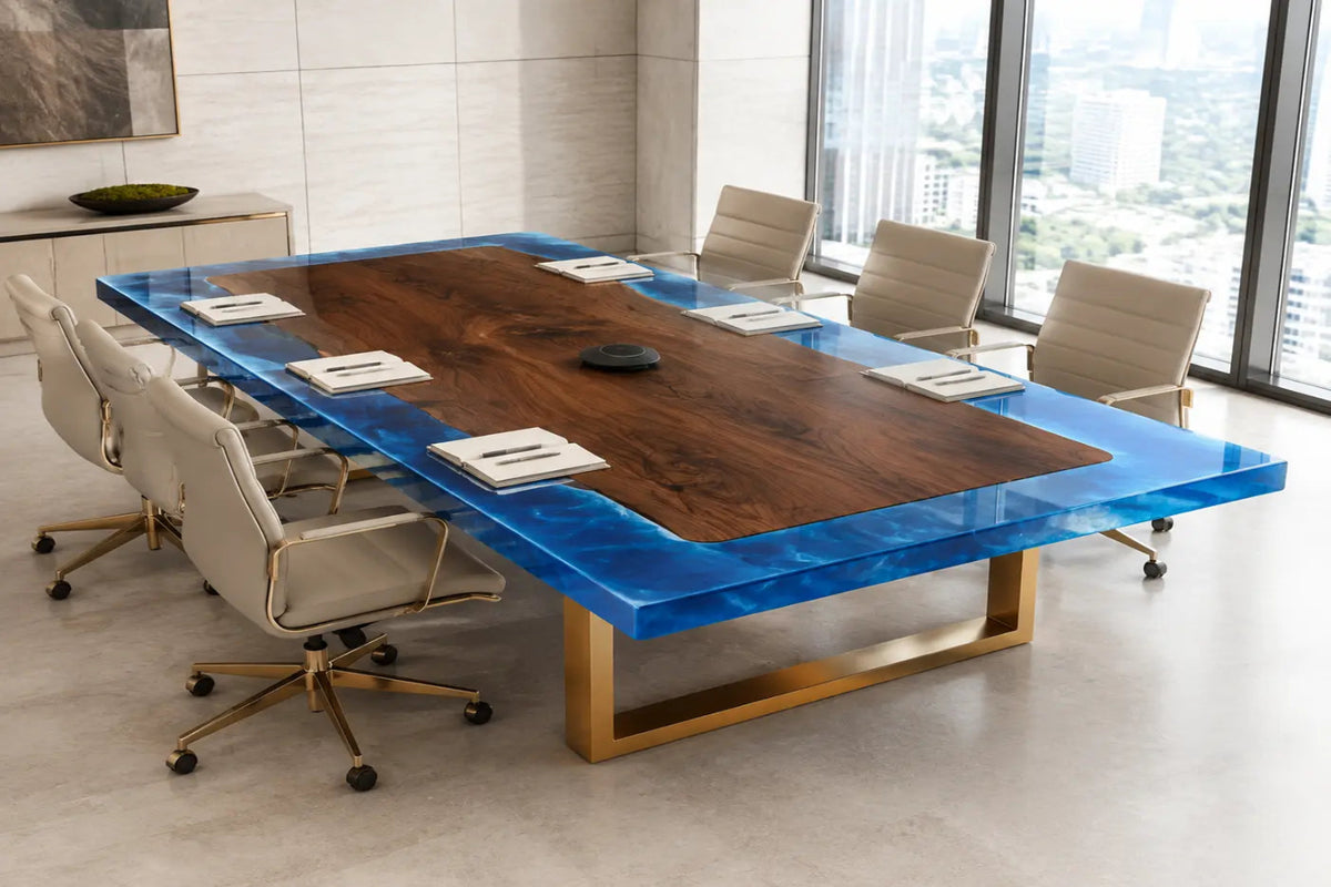 ECTFC08 Edge Summit Ocean Blue Clear Epoxy Black Walnut Conference Table featuring handcrafted black walnut and ocean blue clear resin