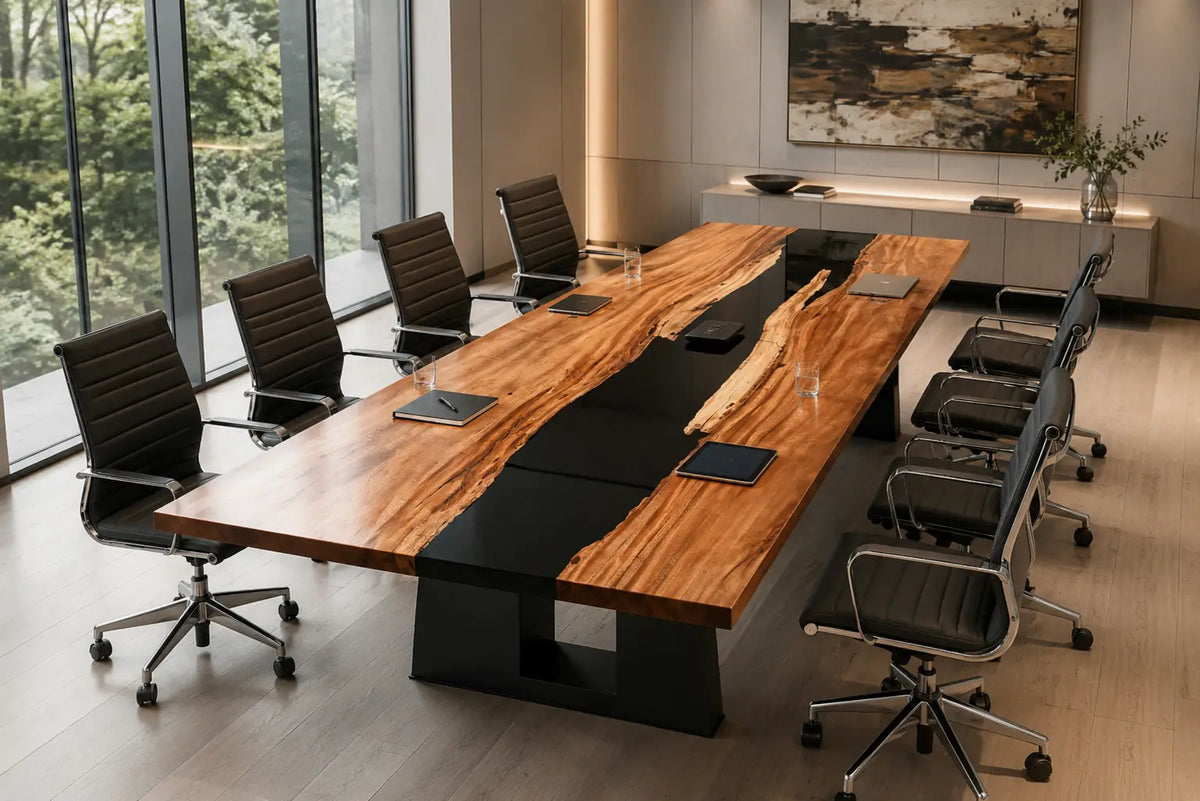 ECTFC09 Grain Axis Crystal Clear Epoxy Walnut Conference Table featuring handcrafted walnut wood and crystal clear resin