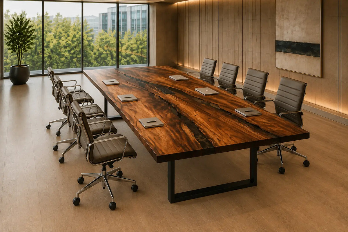 ECTFC10 Longspan Conference Crystal Clear Epoxy Walnut Conference Table featuring handcrafted walnut wood and crystal clear resin