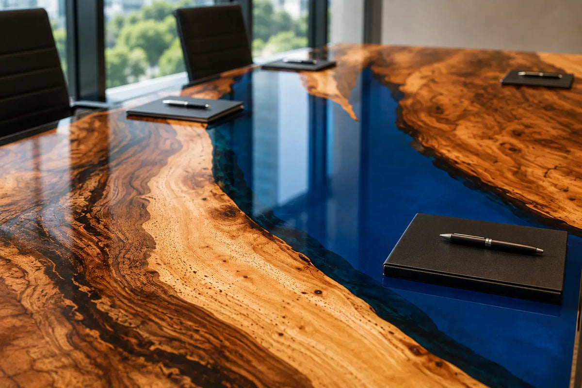 ECTFC12 Meeting Channel Cobalt Blue Epoxy Walnut Conference Table featuring handcrafted walnut wood and cobalt blue resin-1