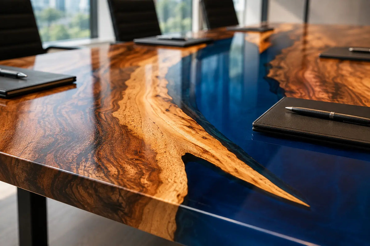 ECTFC12 Meeting Channel Cobalt Blue Epoxy Walnut Conference Table featuring handcrafted walnut wood and cobalt blue resin-2