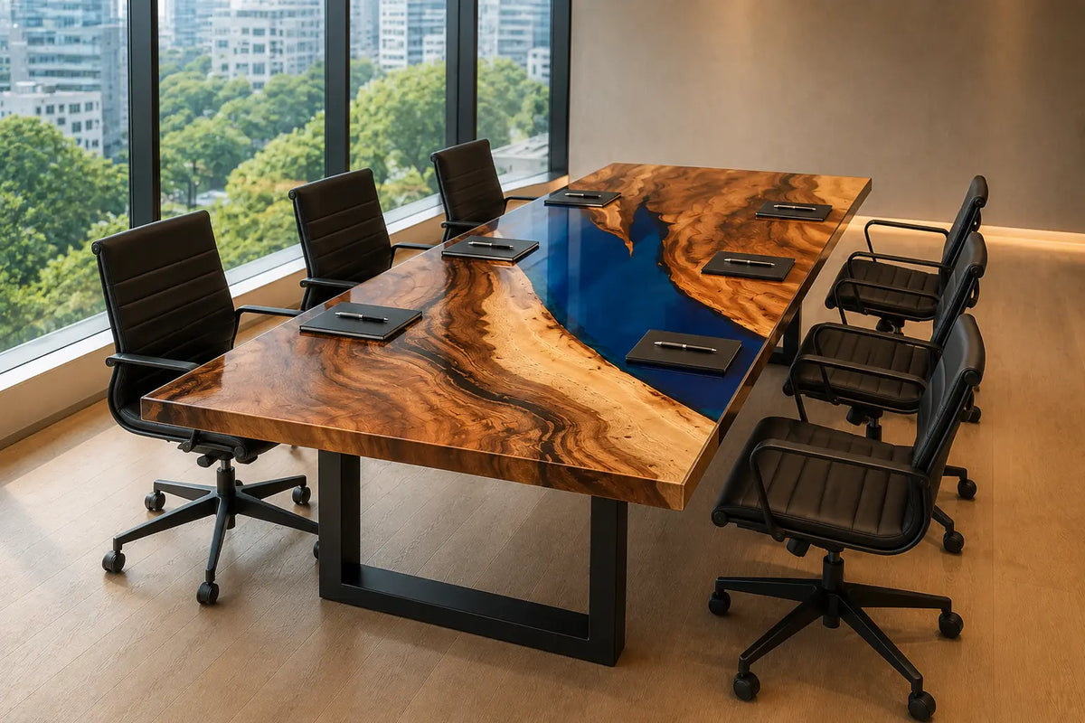 ECTFC12 Meeting Channel Cobalt Blue Epoxy Walnut Conference Table featuring handcrafted walnut wood and cobalt blue resin-3