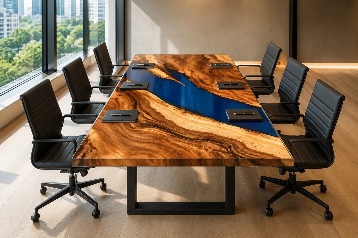 ECTFC12 Meeting Channel Cobalt Blue Epoxy Walnut Conference Table featuring handcrafted walnut wood and cobalt blue resin