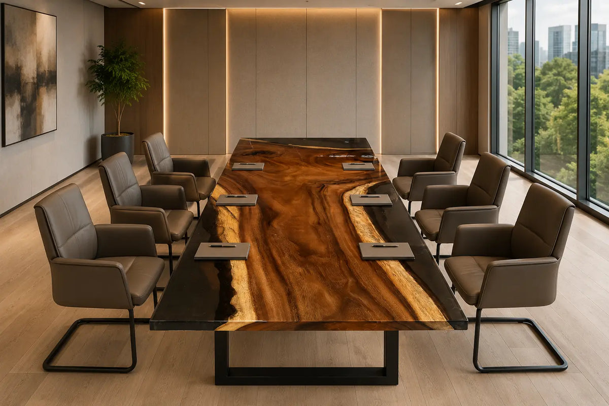 ECTFC13 Live Edge Council Black Epoxy Walnut Conference Table featuring handcrafted walnut wood and black resin