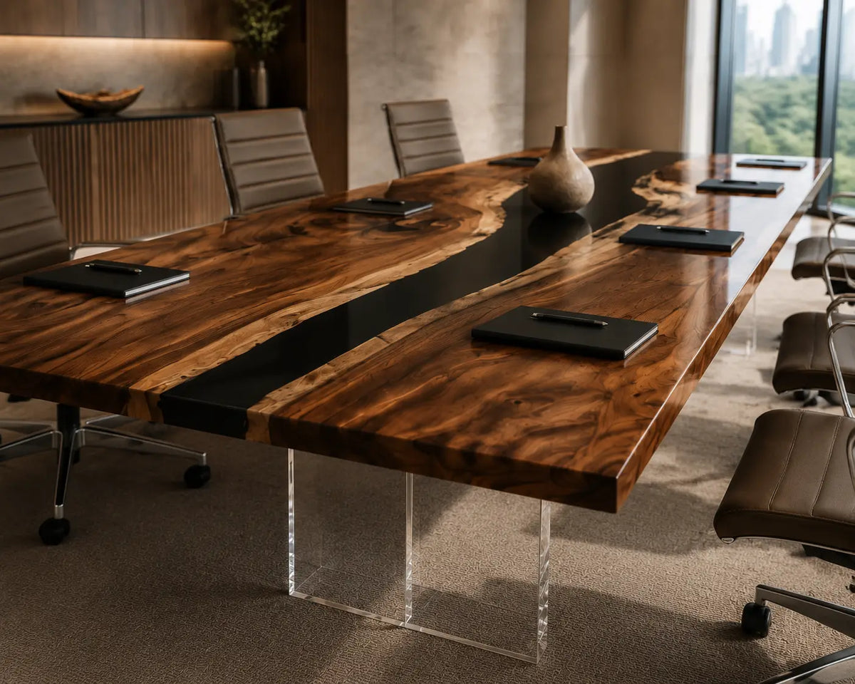 ECTFC14 Strategy Passage Black Epoxy Walnut Conference Table featuring handcrafted walnut wood and black resin