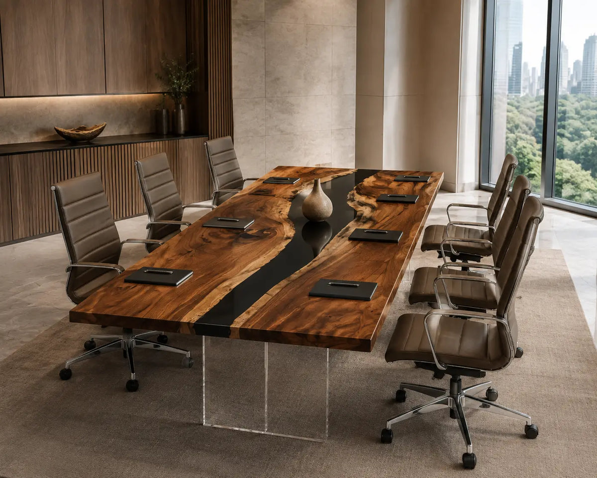 ECTFC14 Strategy Passage Black Epoxy Walnut Conference Table featuring handcrafted walnut wood and black resin