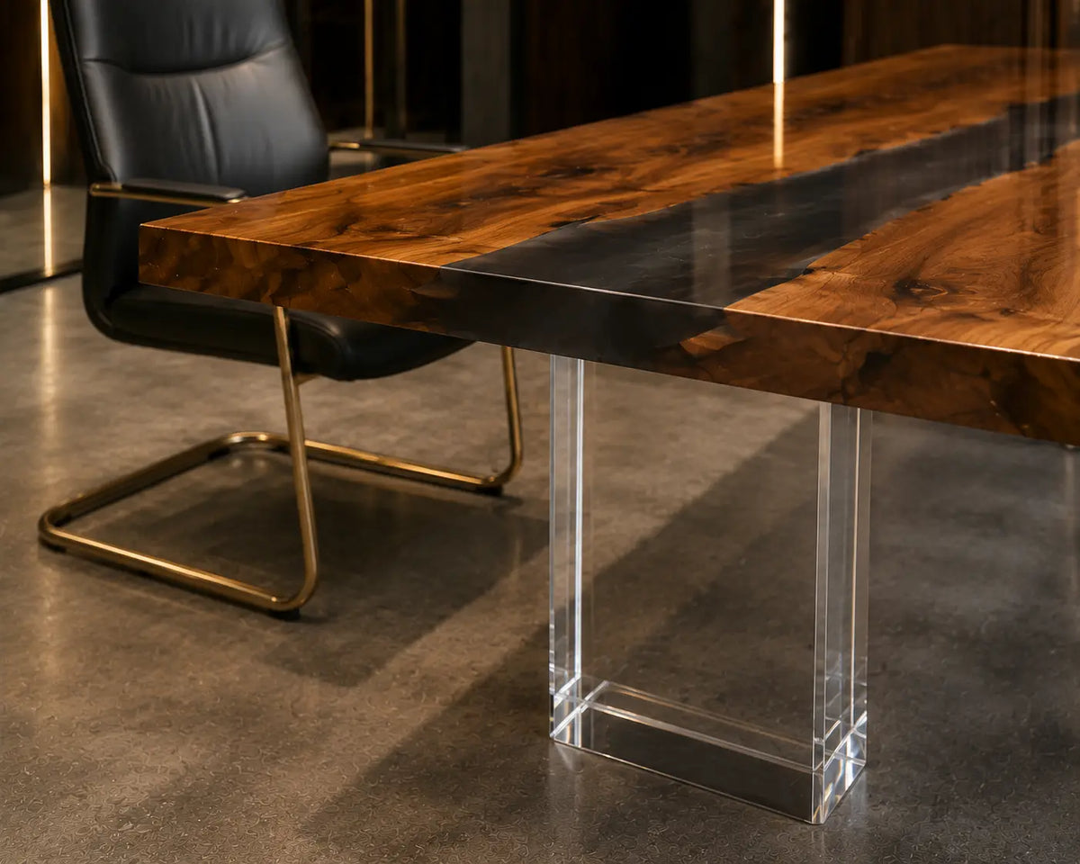 ECTFC15 Executive Current Smoky Gray Epoxy Walnut Conference Table featuring handcrafted walnut wood and smoky gray resin-1