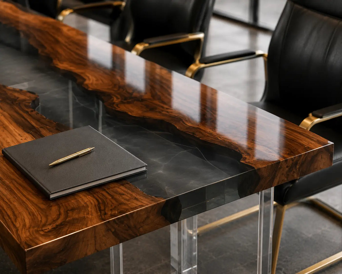 ECTFC15 Executive Current Smoky Gray Epoxy Walnut Conference Table featuring handcrafted walnut wood and smoky gray resin-2