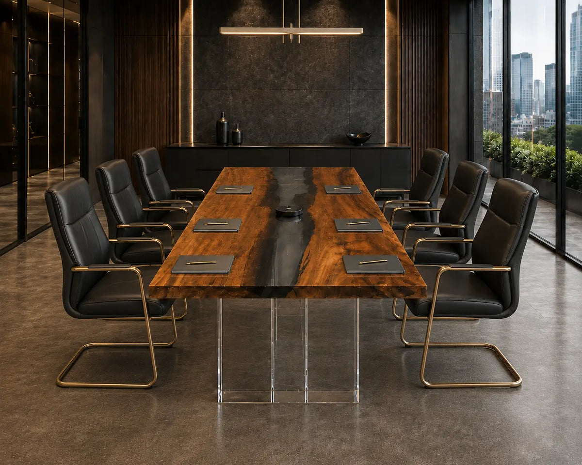 ECTFC15 Executive Current Smoky Gray Epoxy Walnut Conference Table featuring handcrafted walnut wood and smoky gray resin