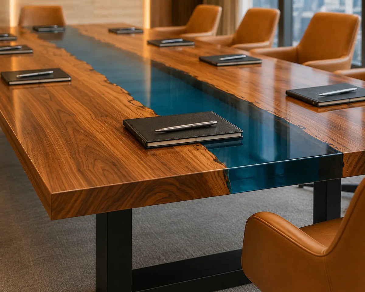 ECTFC16 Teamwork River Turquoise Epoxy Walnut Conference Table featuring handcrafted walnut wood and turquoise resin-1
