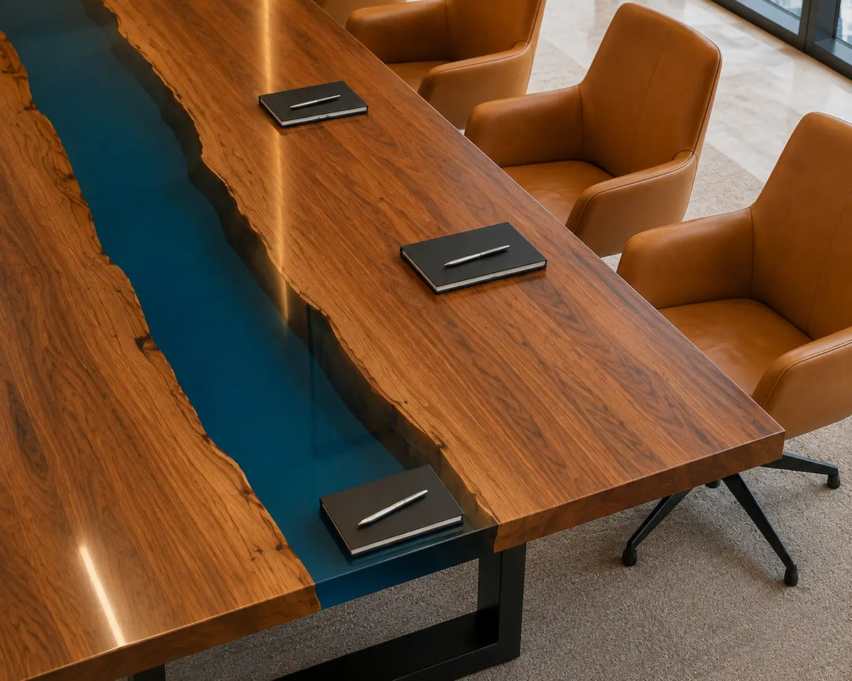 ECTFC16 Teamwork River Turquoise Epoxy Walnut Conference Table featuring handcrafted walnut wood and turquoise resin-2
