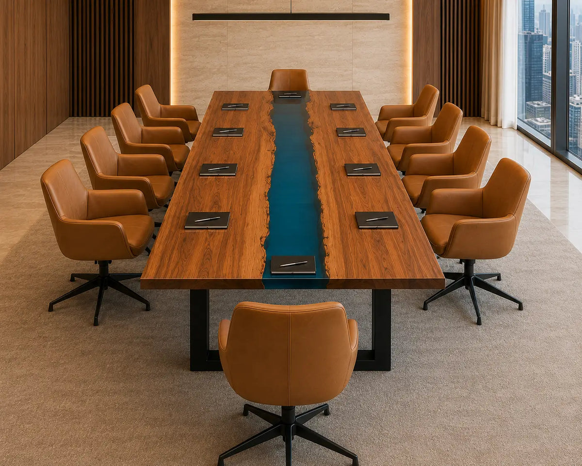 ECTFC16 Teamwork River Turquoise Epoxy Walnut Conference Table featuring handcrafted walnut wood and turquoise resin-5
