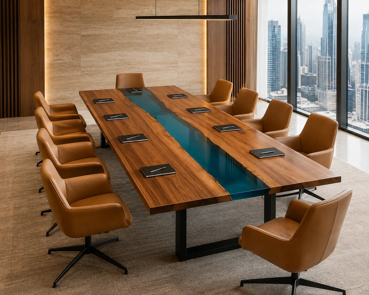 ECTFC16 Teamwork River Turquoise Epoxy Walnut Conference Table featuring handcrafted walnut wood and turquoise resin