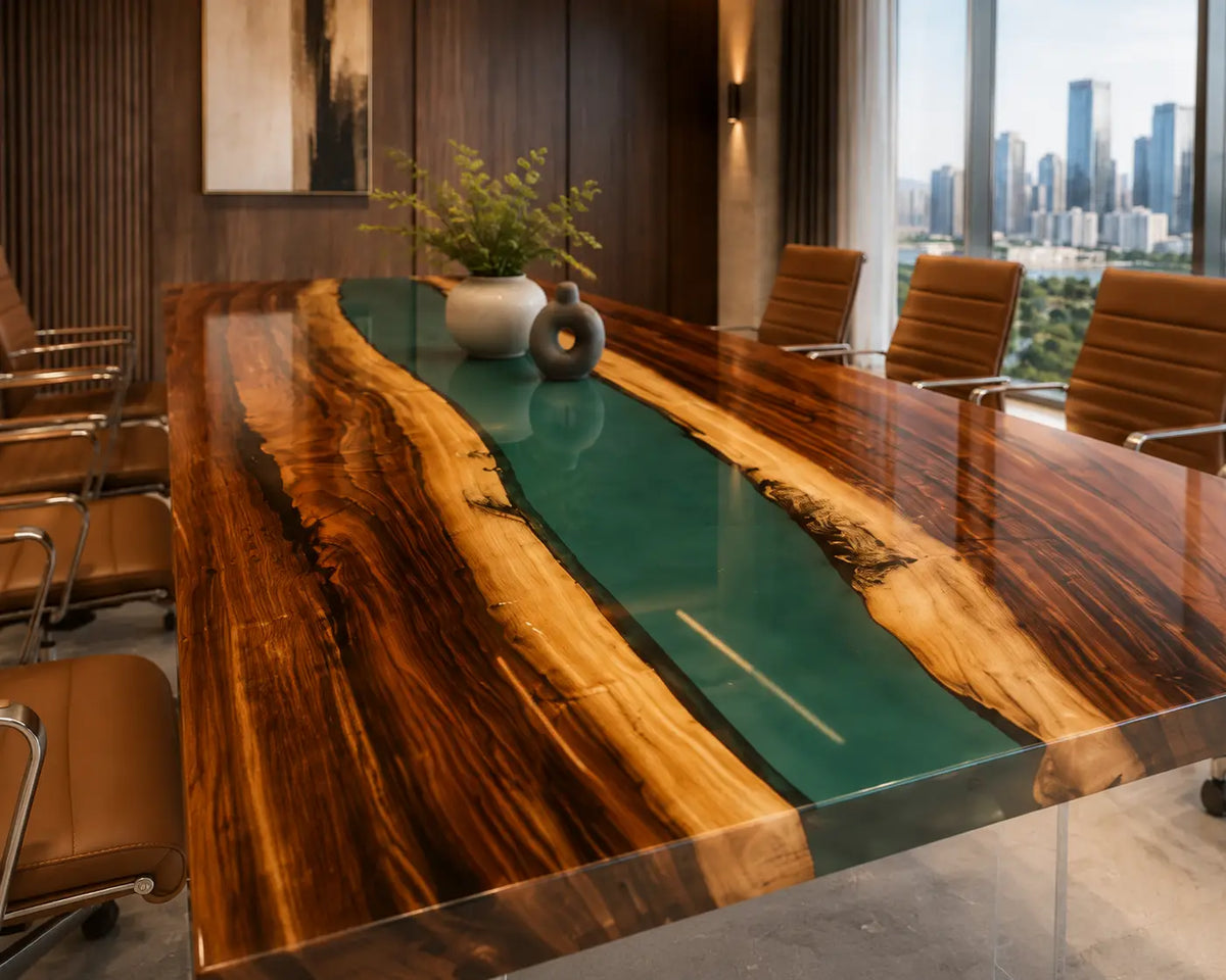 ECTFC17 Conference Strait Turquoise Epoxy Walnut Conference Table featuring handcrafted walnut wood and turquoise resin-1