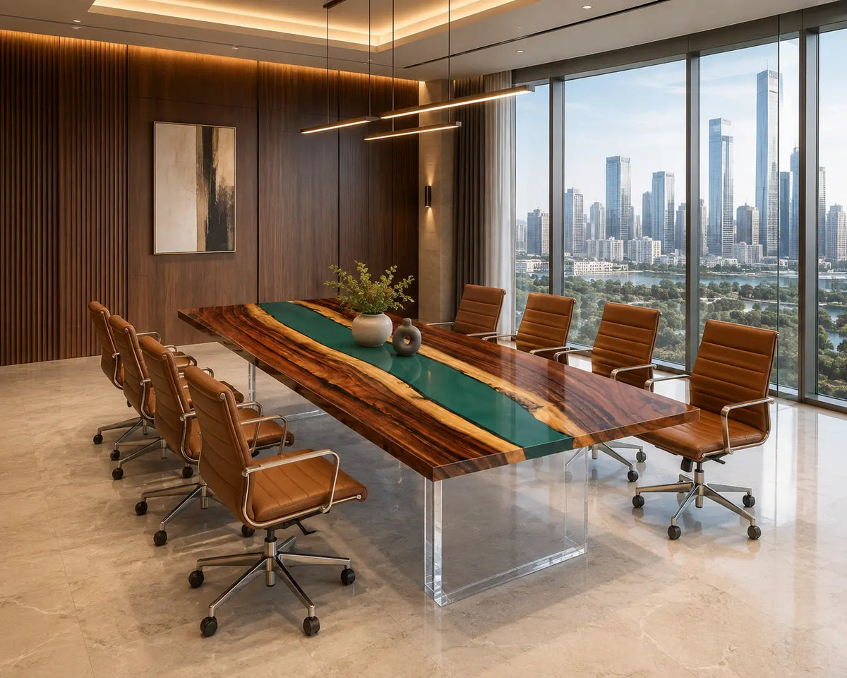 ECTFC17 Conference Strait Turquoise Epoxy Walnut Conference Table featuring handcrafted walnut wood and turquoise resin