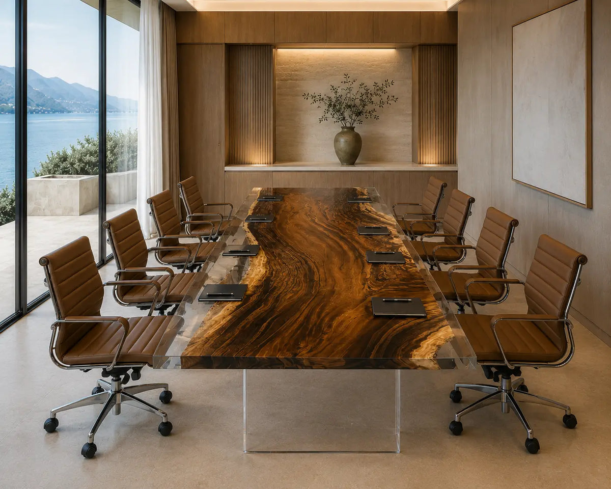 ECTFC18 Boardroom Span Crystal Clear Epoxy Walnut Conference Table featuring handcrafted walnut wood and crystal clear resin-4