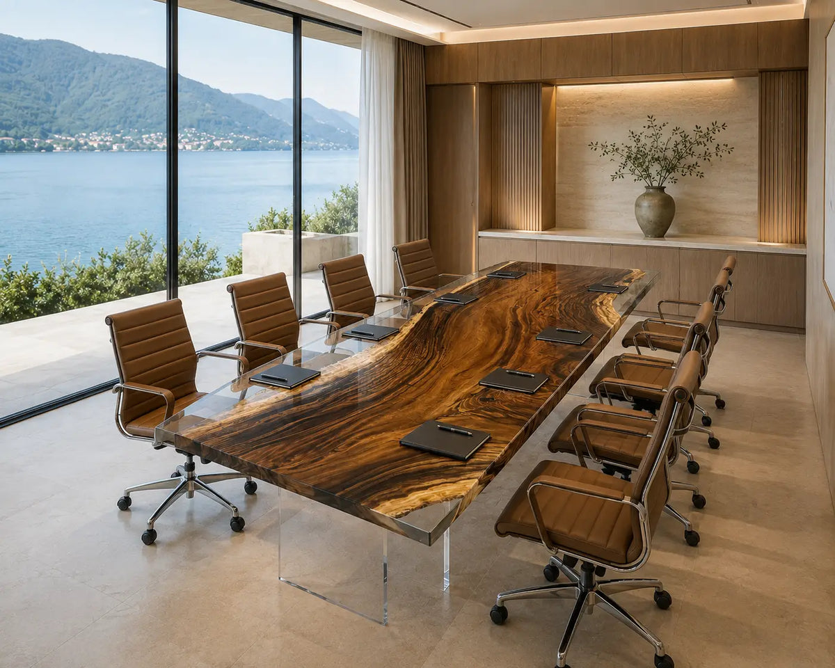 ECTFC18 Boardroom Span Crystal Clear Epoxy Walnut Conference Table featuring handcrafted walnut wood and crystal clear resin