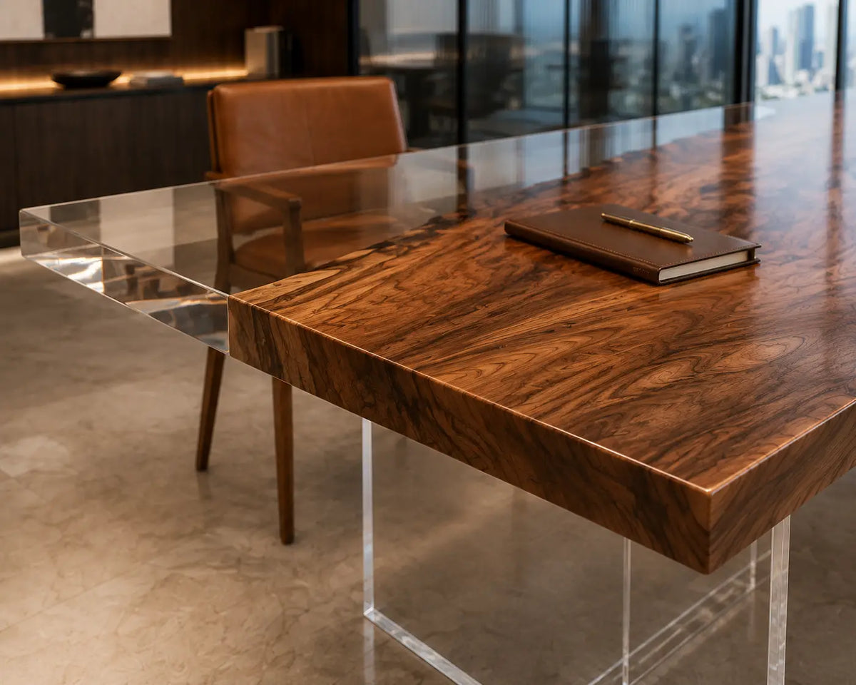 ECTFC19 Clearline Forum Crystal Clear Epoxy Walnut Conference Table featuring handcrafted walnut wood and crystal clear resin-1