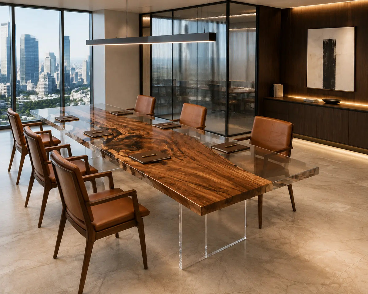 ECTFC19 Clearline Forum Crystal Clear Epoxy Walnut Conference Table featuring handcrafted walnut wood and crystal clear resin-3