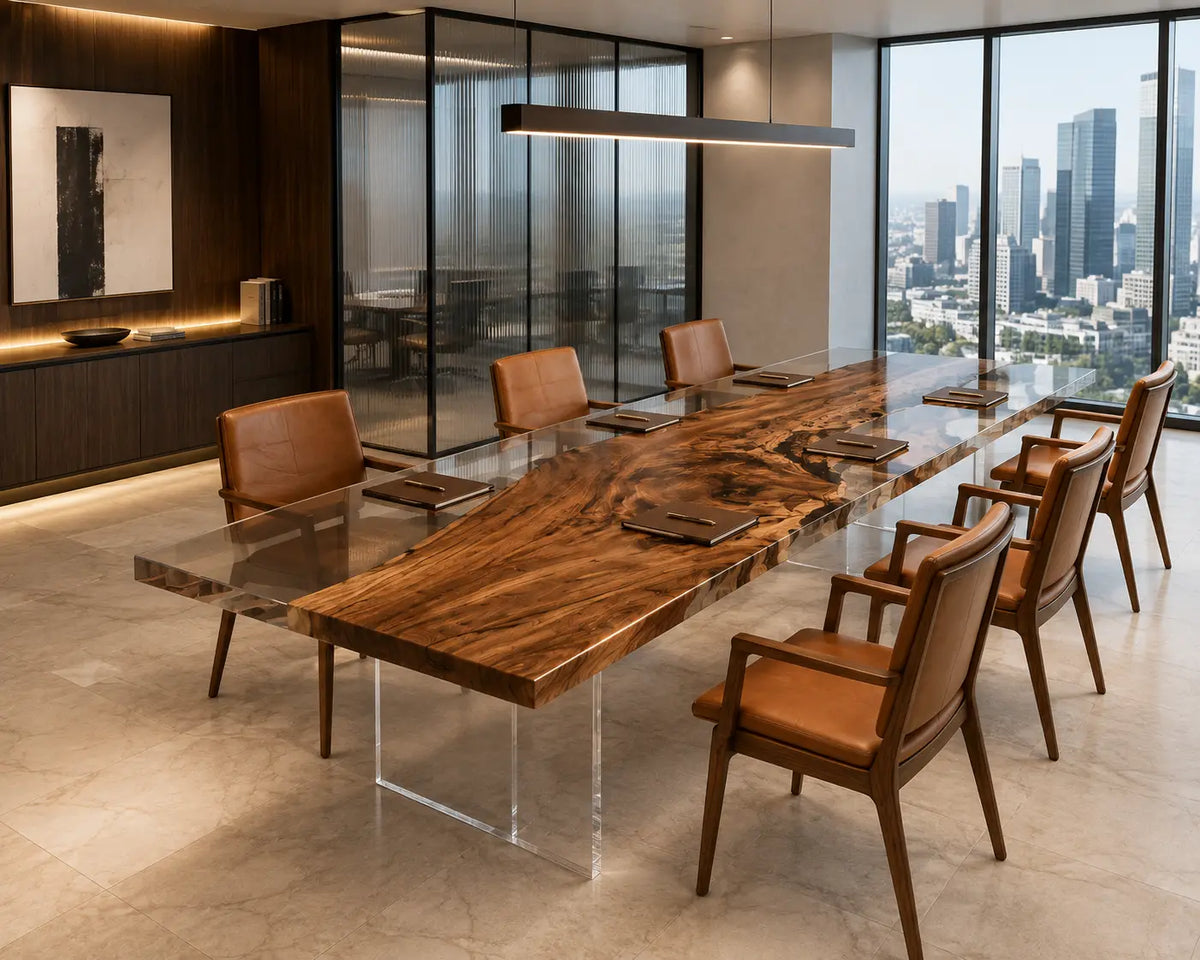 ECTFC19 Clearline Forum Crystal Clear Epoxy Walnut Conference Table featuring handcrafted walnut wood and crystal clear resin