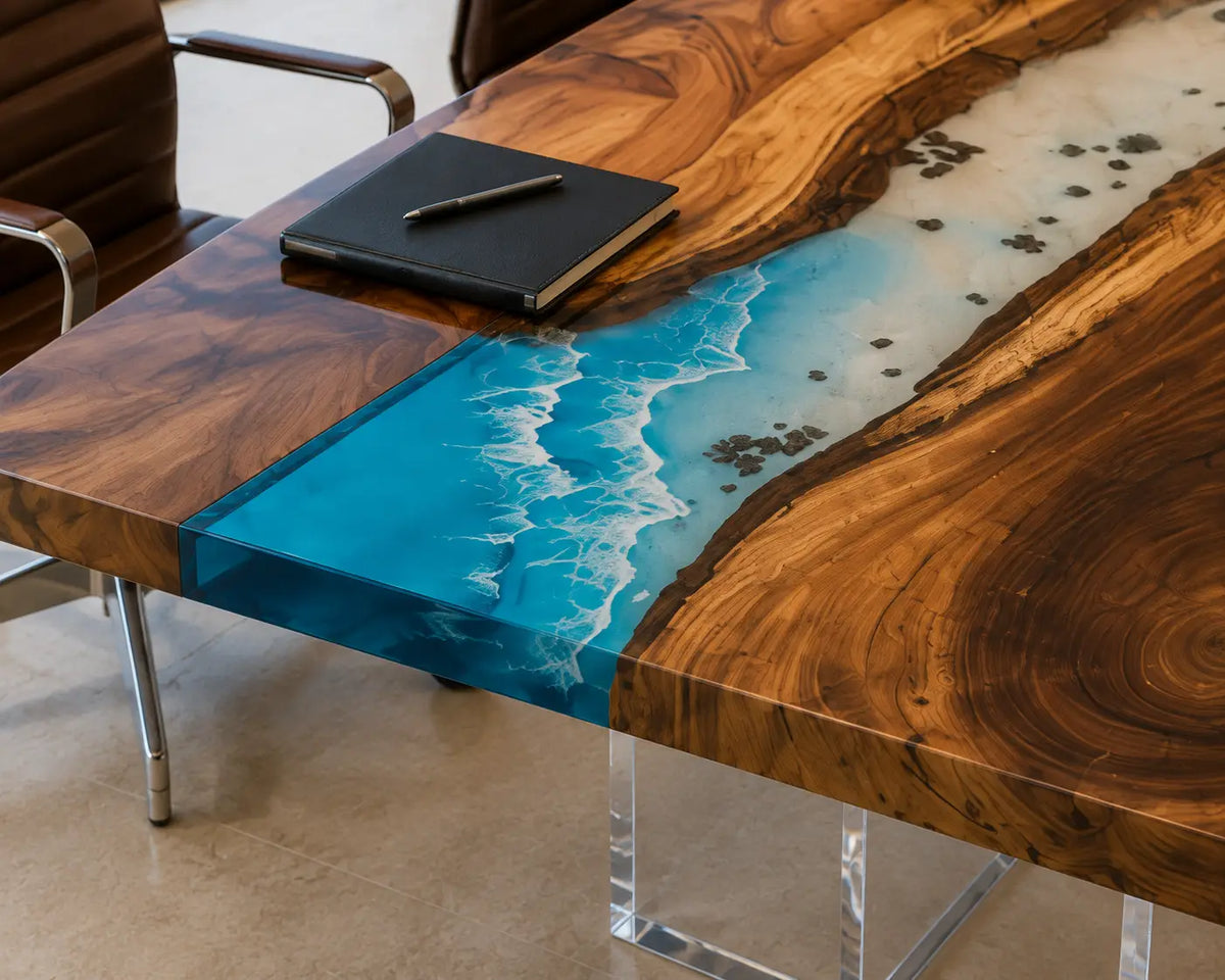ECTFC20 Coastal Briefing Ocean Blue with White Wave Epoxy Walnut Conference Table featuring handcrafted walnut wood and ocean blue with white wave resin-1