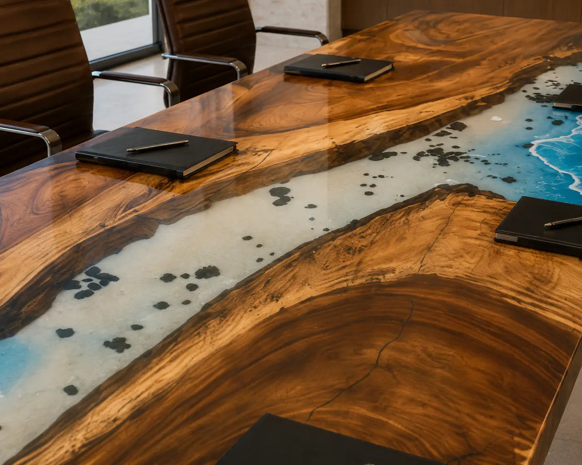 ECTFC20 Coastal Briefing Ocean Blue with White Wave Epoxy Walnut Conference Table featuring handcrafted walnut wood and ocean blue with white wave resin-2