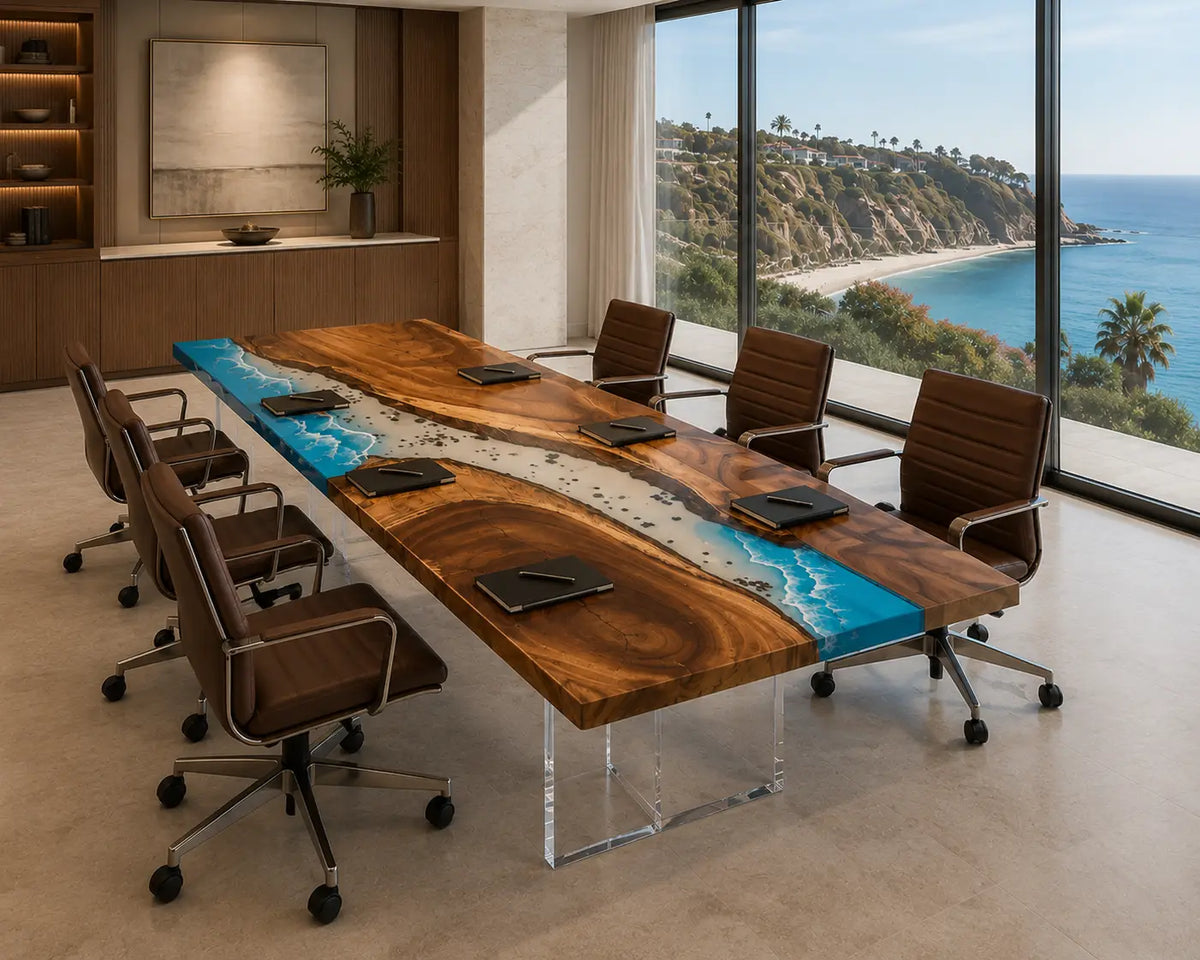 ECTFC20 Coastal Briefing Ocean Blue with White Wave Epoxy Walnut Conference Table featuring handcrafted walnut wood and ocean blue with white wave resin-3